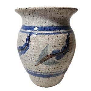 Stoneware Vase Handpainted Artist Signed 5" Blue Flowers